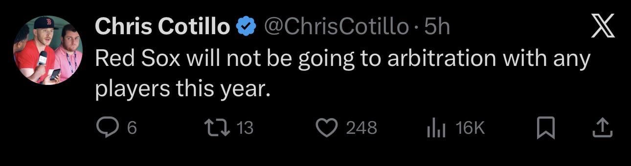 [Cotillo] The Red Sox will not go to arbitration with any players this year. Contracts signed today: Tanner Houck 1 year/$4.15 mil, Triston Casas 1 year/$1.61 mil, Romy Gonzalez 1 year/1.60 mil