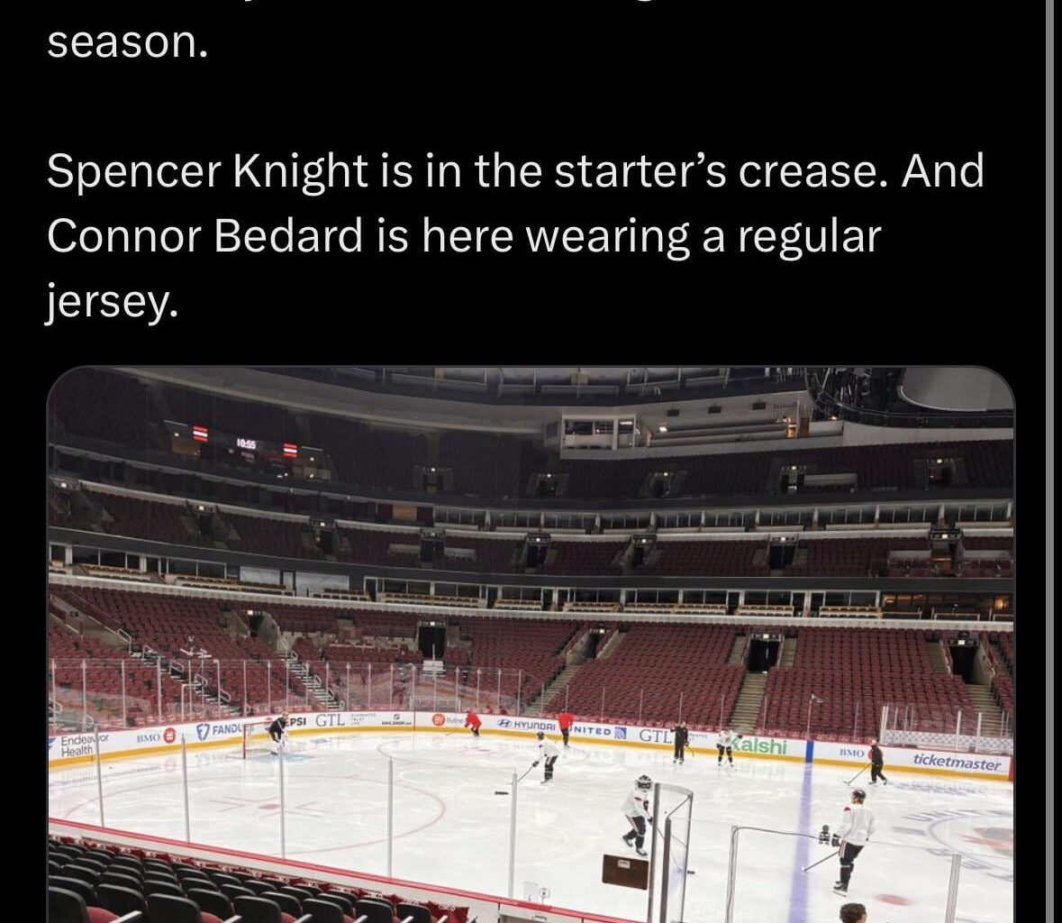 [Pope] Bedard is at morning skate wearing a regular jersey!