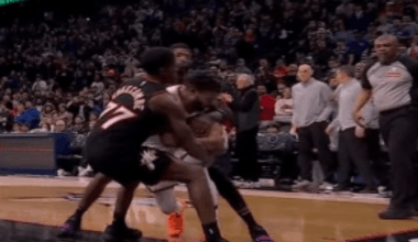 VJ out of bounds. Tony Brothers calls it a jump ball.