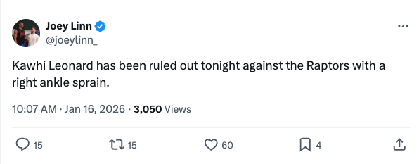 Kawhi ruled out today (ankle sprain). It will be his first missed game since November