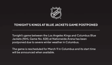 [NHL PR] Tonight's game between the @LAKings and @BlueJacketsNHL in Columbus has been postponed. The game will be moved to March 9