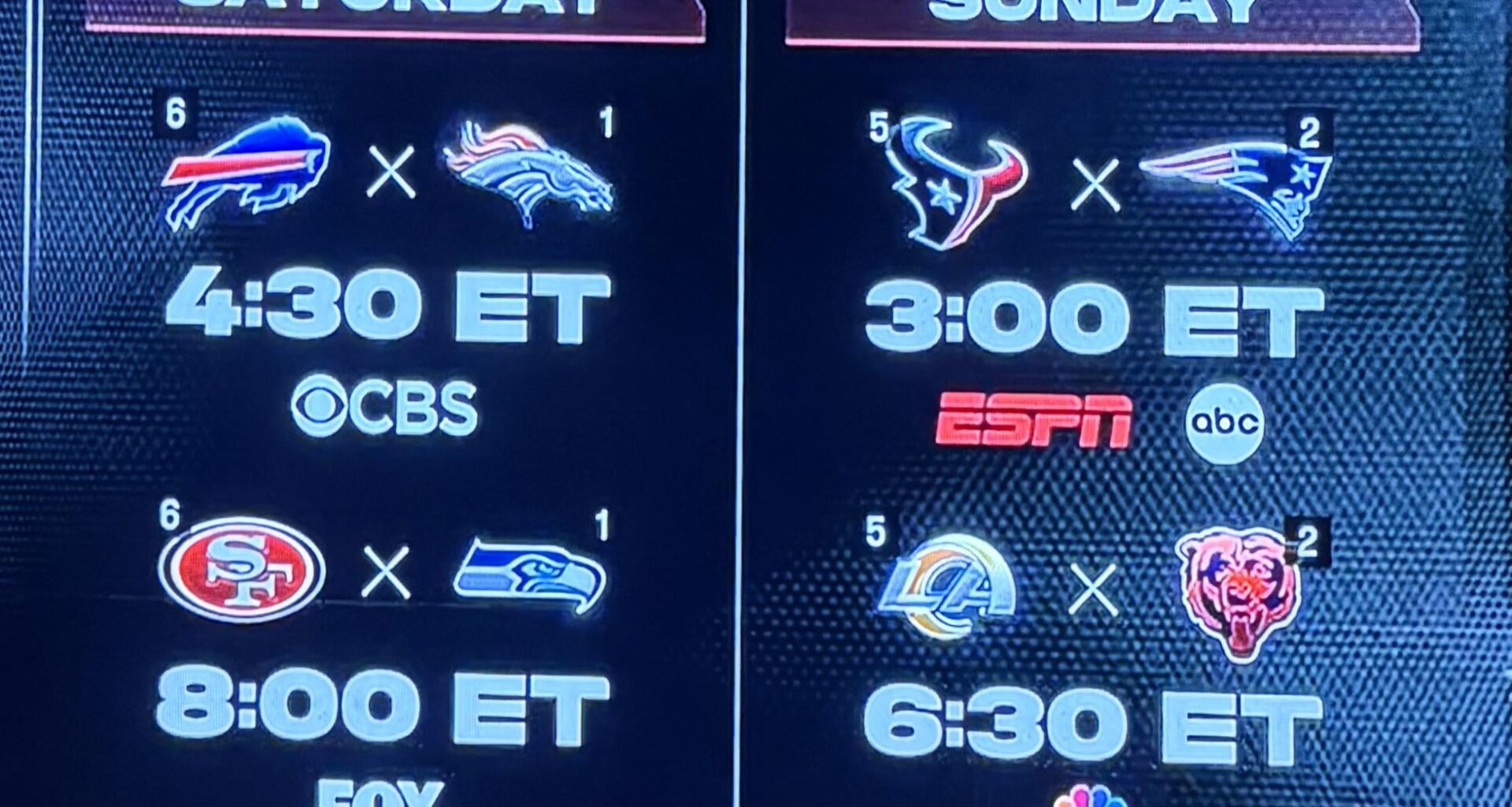 Here’s the times for next weeks games