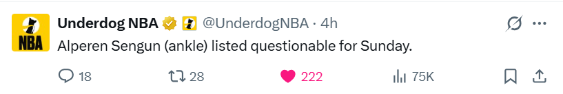 Alperen Sengun (ankle) listed questionable for Sunday.