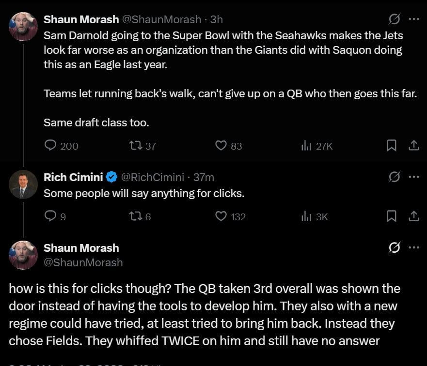 I saw this and have to give Rich some credit for the support, but Shawn Morash from The Fan had a terrible take. Also, we didn’t go from Darnold to Fields—what is this dude talking about?
