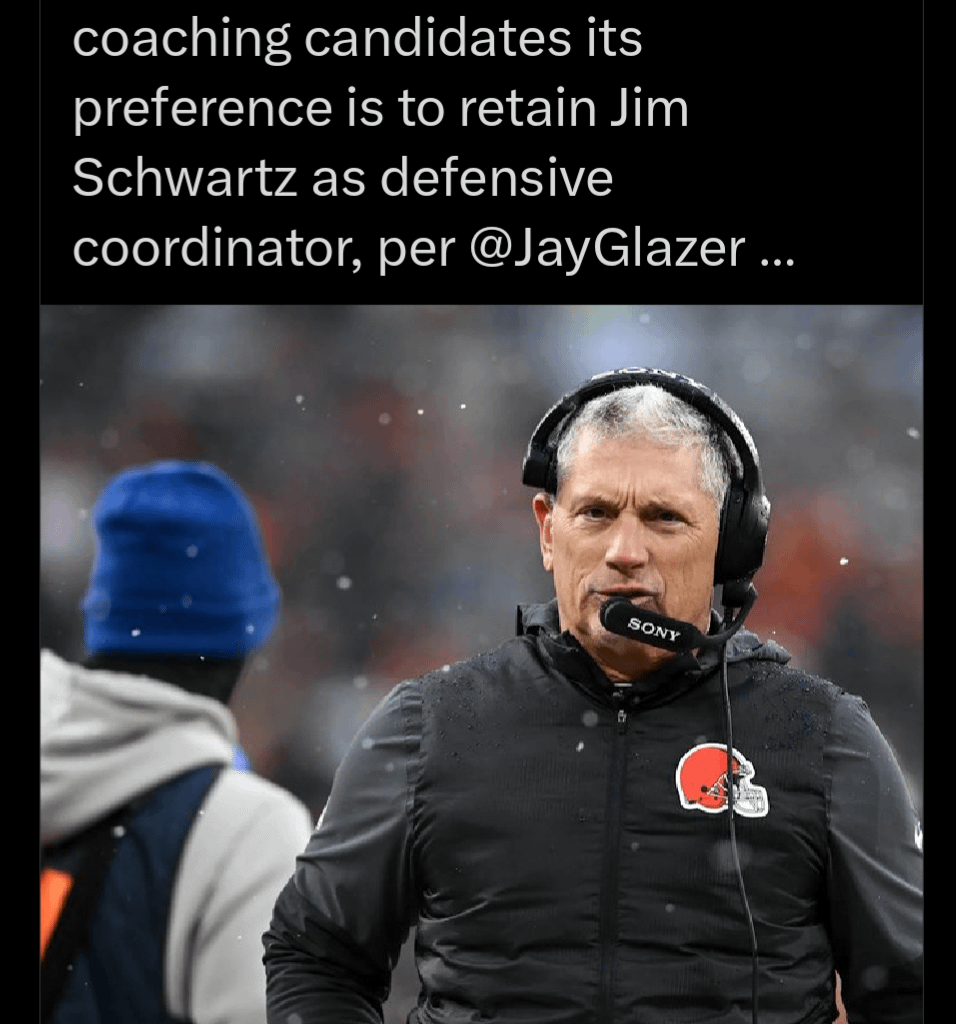 [Sleeper] Cleveland is informing head coaching candidates its preference is to retain Jim Schwartz as defensive coordinator, per @JayGlazer