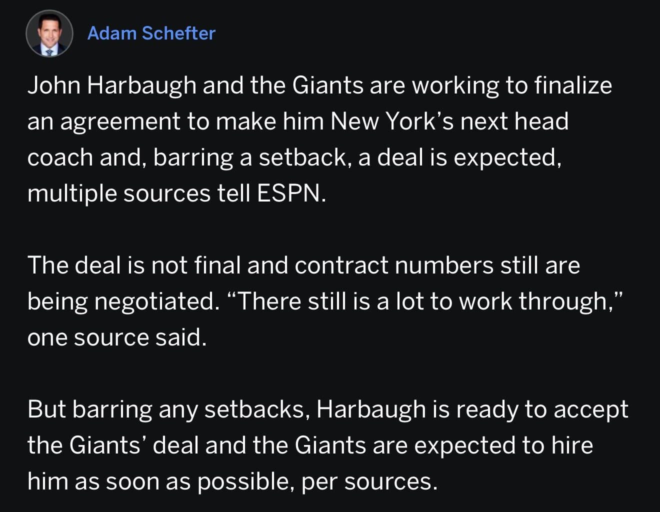 [Schefter] John Harbaugh and giants working to finalize a deal