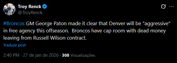 [Renck] #Broncos GM George Paton made it clear that Denver will be "aggressive" in free agency this offseason. Broncos have cap room with dead money leaving from Russell Wilson contract.