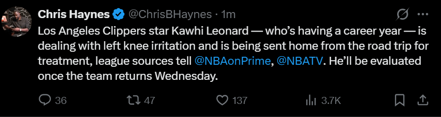 [Haynes] Los Angeles Clippers star Kawhi Leonard — who’s having a career year — is dealing with left knee irritation and is being sent home from the road trip for treatment, league sources tell 
@NBAonPrime
, 
@NBATV
. He’ll be evaluated once the team returns Wednesday.