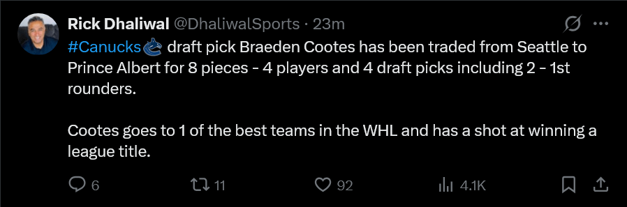 [Dhaliwal] Cootes traded to Prince Albert