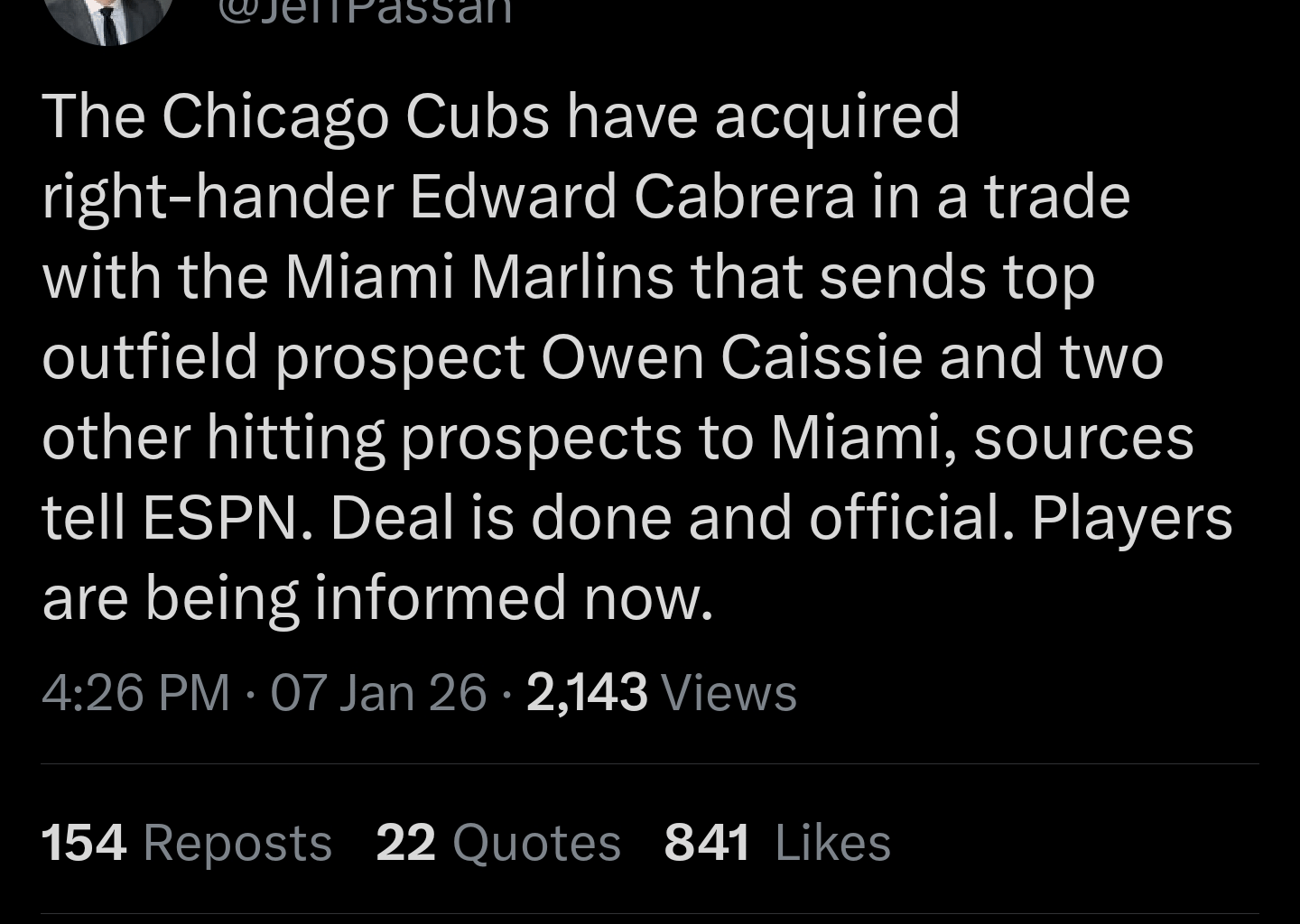 Cubs acquired right hander Edward Cabrera