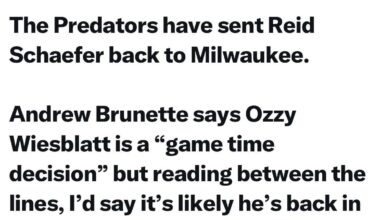 [Daugherty] The Predators have sent Reid Schaefer back to Milwaukee. Andrew Brunette says Ozzy Wiesblatt is a “game time decision” but reading between the lines, I’d say it’s likely he’s back in tonight.