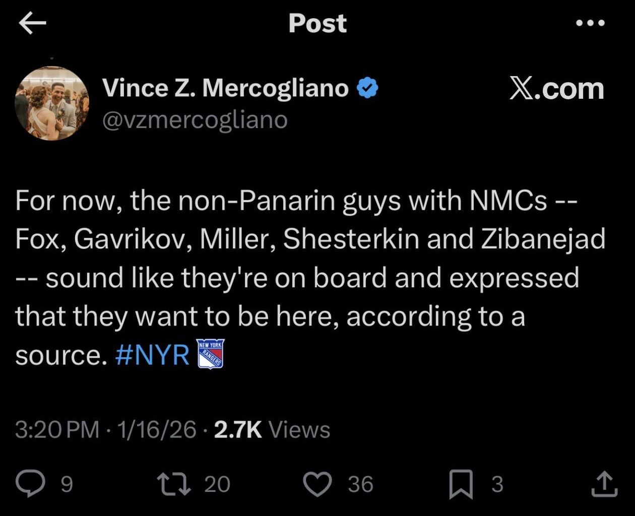[Mercogliano] Fox, Shesterkin, Gavrikov, Zibanejad, and Miller want to stay