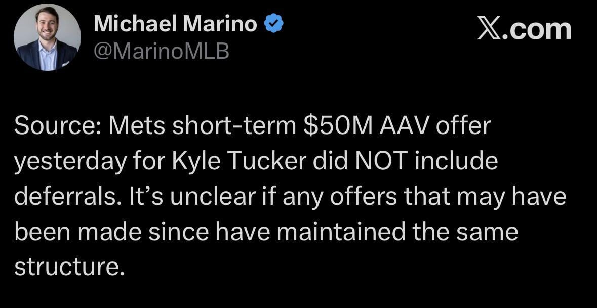[Marino] Source: Mets short-term $50M AAV offer yesterday for Kyle Tucker did NOT include deferrals. It’s unclear if any offers that may have been made since have maintained the same structure.
