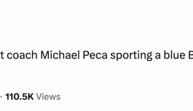 [Mark Lazerus] Blackhawks assistant coach Michael Peca sporting a blue Bills hoodie on his way out of the rink.
