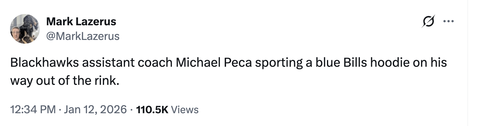 [Mark Lazerus] Blackhawks assistant coach Michael Peca sporting a blue Bills hoodie on his way out of the rink.