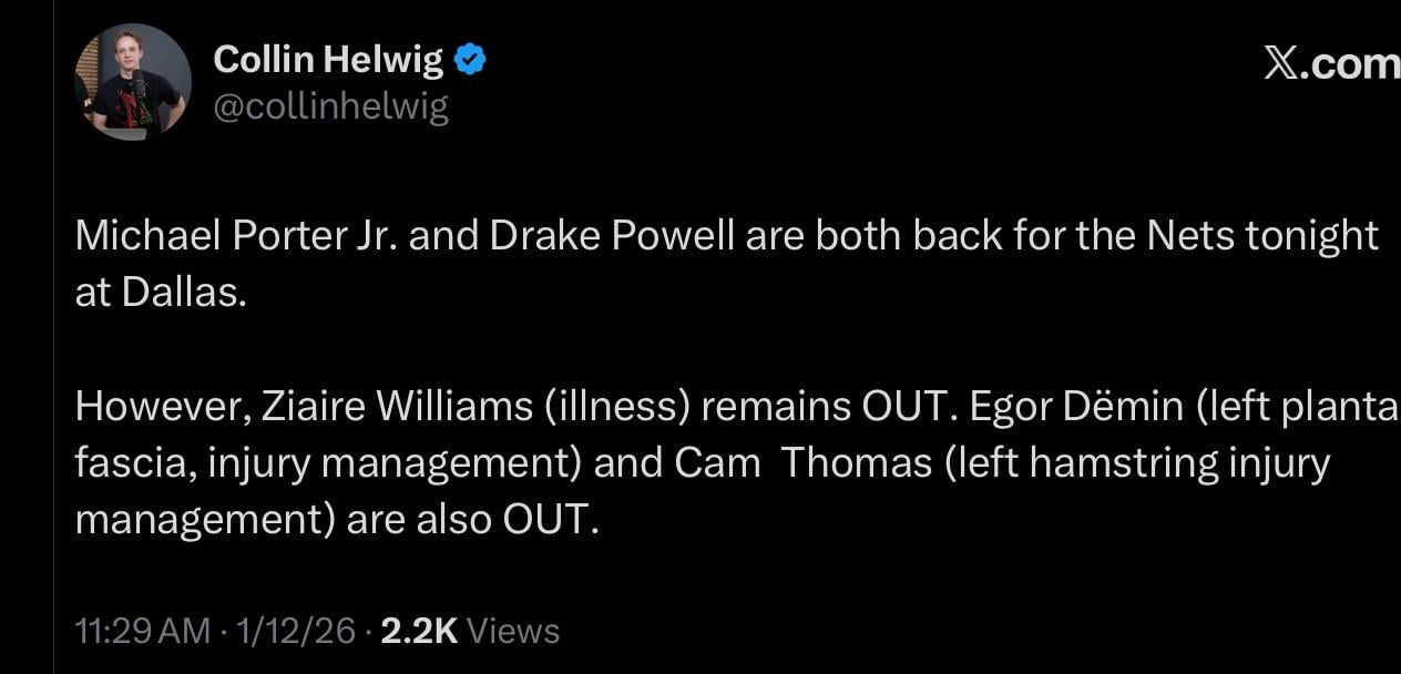 Ziaire Williams remains OUT, Dëmin and Thomas join him. MPJ and Drake are available