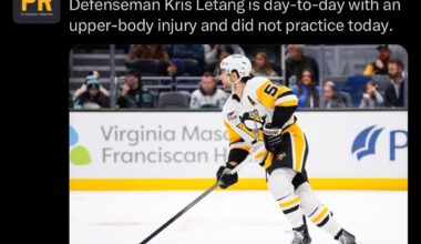 [Penguins PR] Defenseman Kris Letang is day-to-day with an upper-body injury and did not practice today.