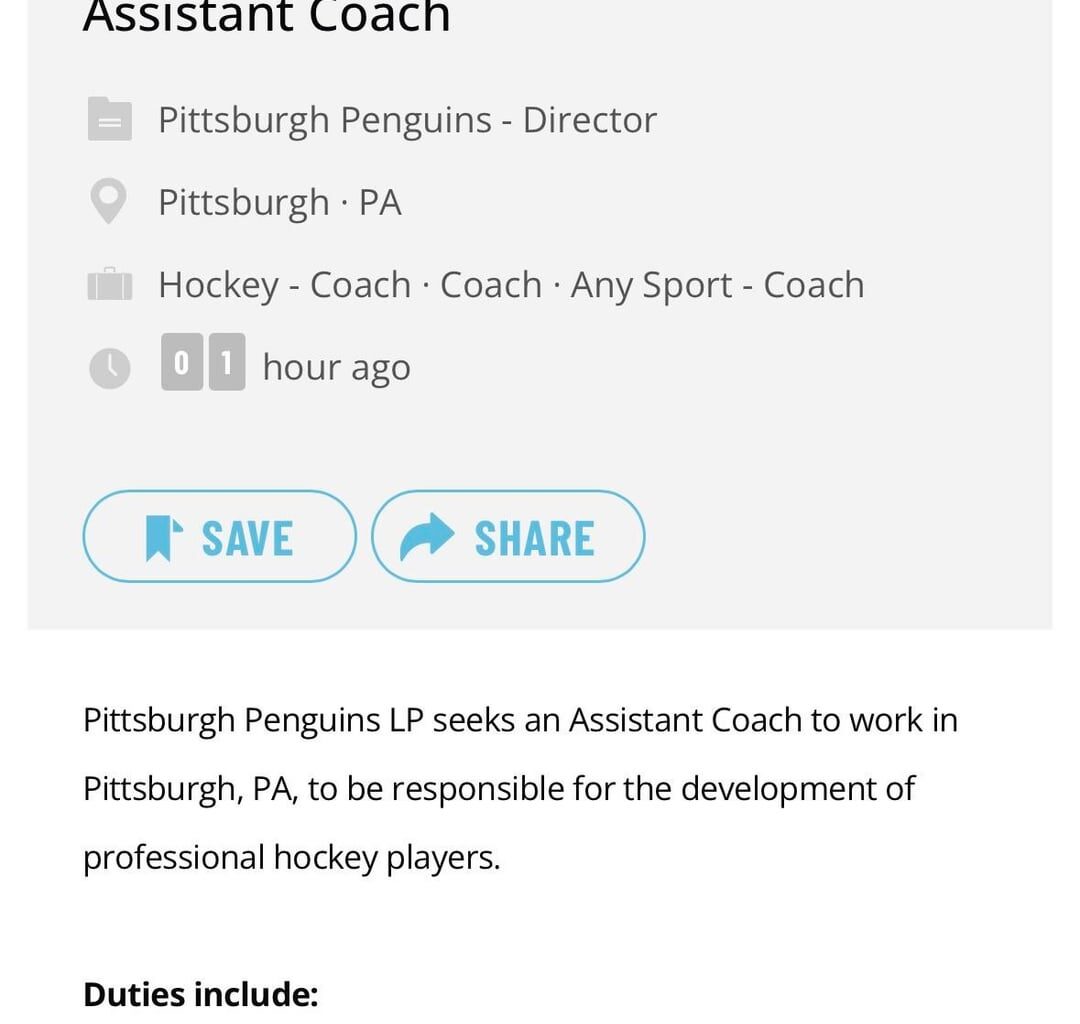 Penguins Post Job Opening for Assistant Coach