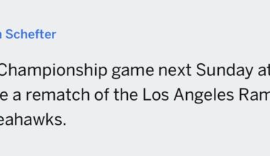 [Schefter] The NFC Championship game next Sunday at 6:30 EST will be a rematch of the Los Angeles Rams at the Seattle Seahawks.