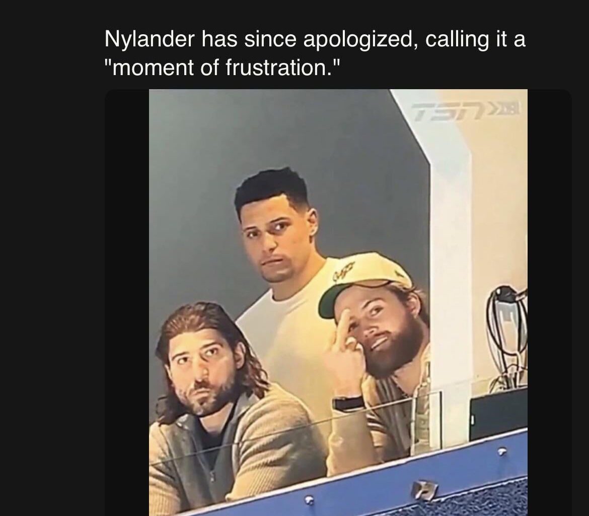 [Johnston] The NHL is looking at this William Nylander incident, per sources. It’s possible the leafs forward will face punishment for flipping the middle finger at the broadcast camera during today’s game. Nylander has since apologized, calling it “moment of frustration.”