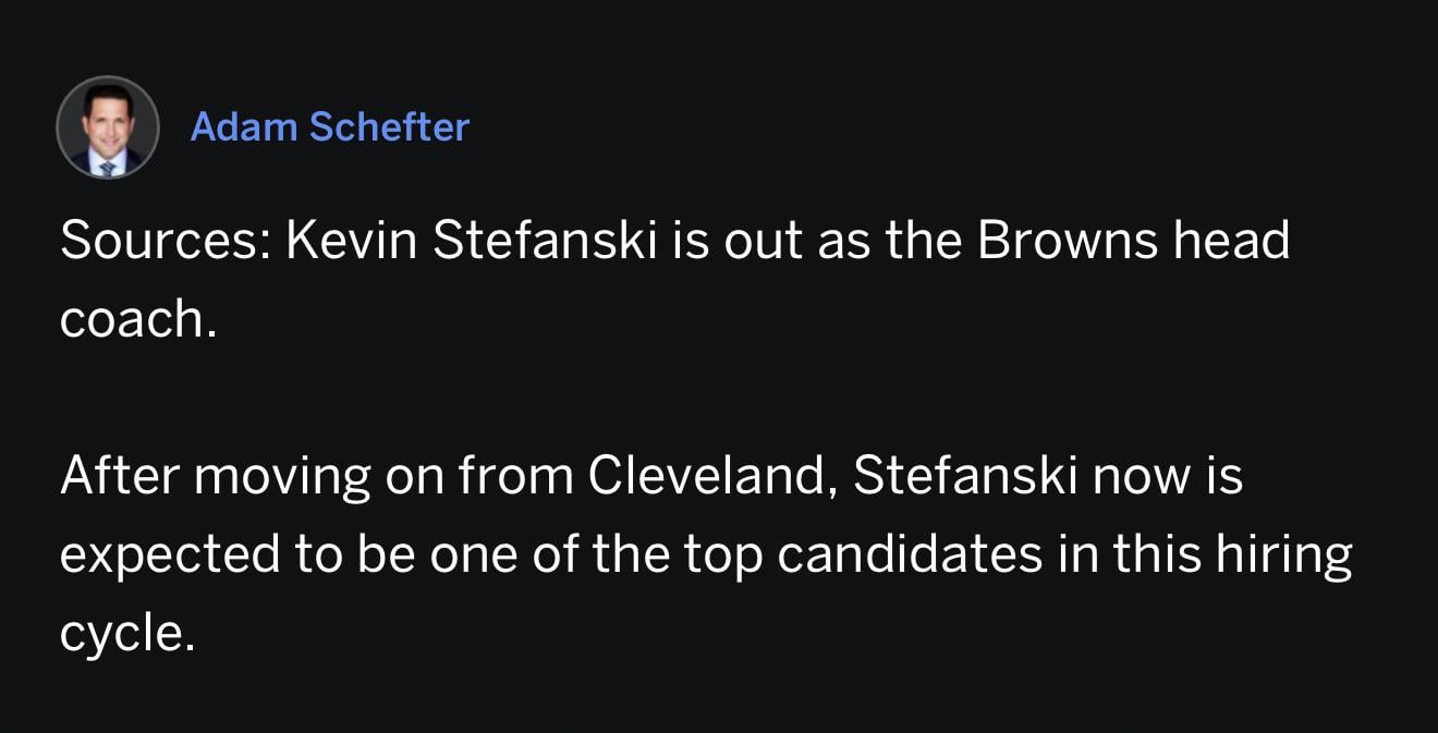 Per Adam Schefter, Kevin Stefanski has been sacked as the HC of the Browns.