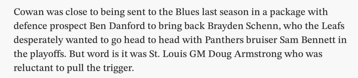 Army Refused to Trade Schenn for Cowan and Danford