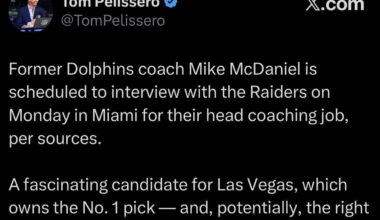 [Pelissero] Former Dolphins coach Mike McDaniel is scheduled to interview with the Raiders on Monday in Miami for their head coaching job, per sources.