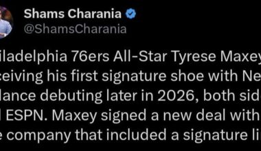 Shams: Philadelphia 76ers All-Star Tyrese Maxey is receiving his first signature shoe with New Balance debuting later in 2026, both sides tell ESPN. Maxey signed a new deal with the company that included a signature line.