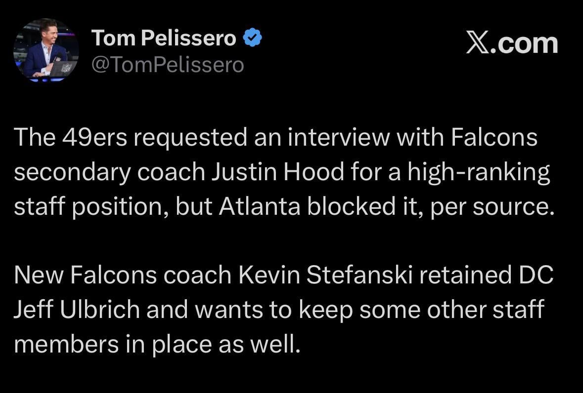 Falcons block Justin Hood from interviewing with 49ers