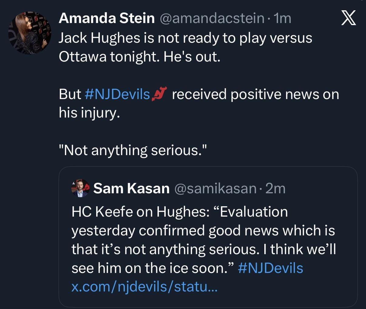 Jack out for tonight. Injury is “not anything serious” however