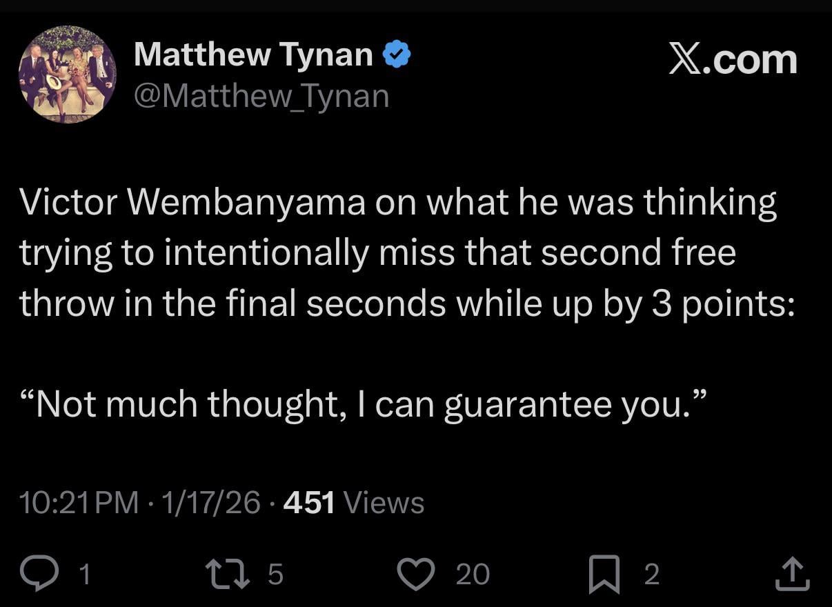 [Tynan] Wemby on what he was thinking on the miss at the end of the game: Not much thought behind it