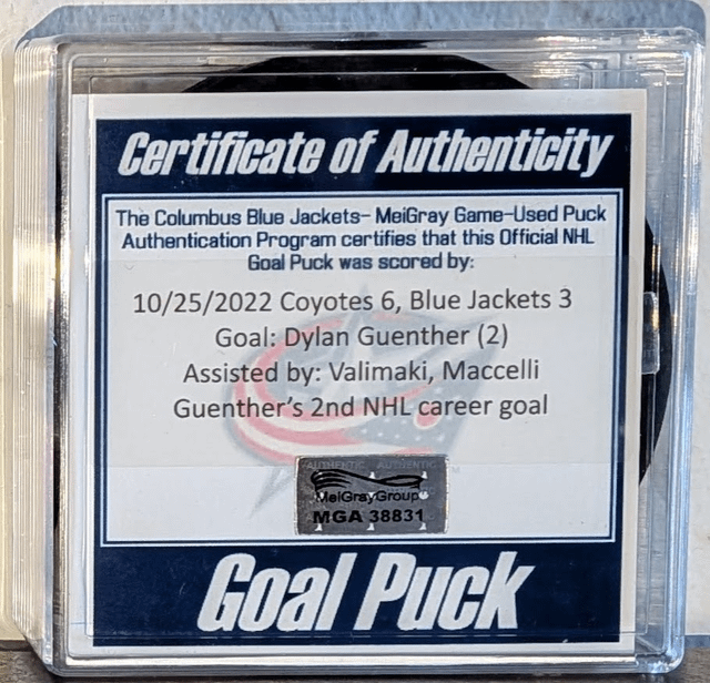 Excited to land this game-used goal puck for Dylan Guenther 2nd career goal! Guenther kept his first goal puck, rightfully so. This is the his earliest publicly available goal puck, as well as his first career game-winning goal!