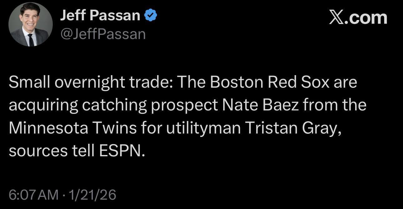 [Passan] Small overnight trade: The Boston Red Sox are acquiring catching prospect Nate Baez from the Minnesota Twins for utilityman Tristan Gray, sources tell ESPN.