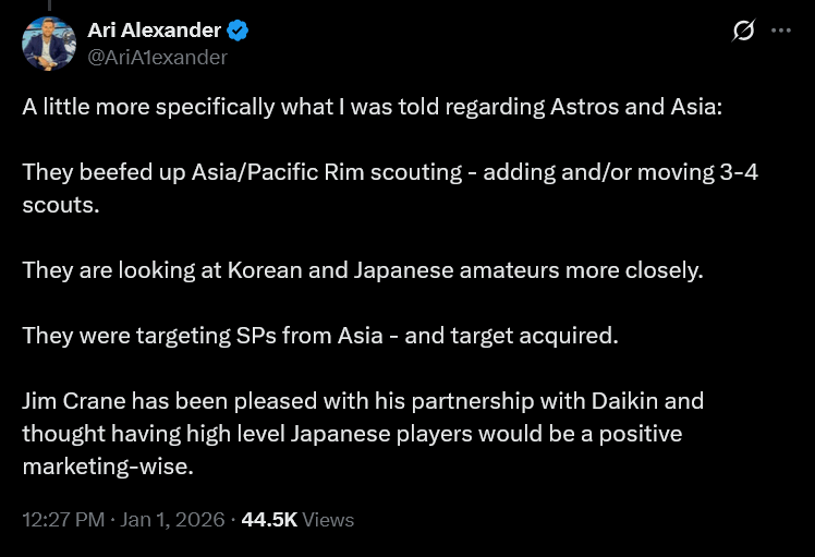 [Ari Alexander] A little more specifically what I was told regarding Astros and Asia: