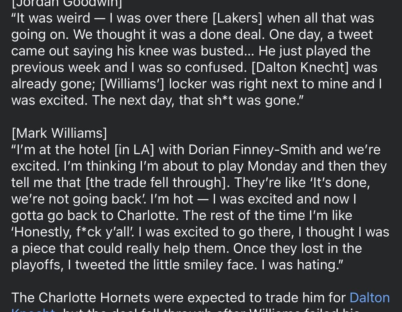 Goodwin and Mark Williams on failed LA-Charlotte trade