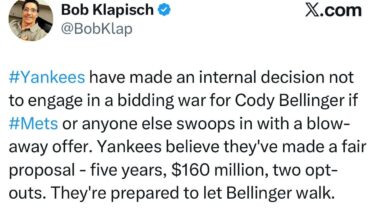 [Klapisch] #Yankees have made an internal decision not to engage in a bidding war for Cody Bellinger if #Mets or anyone else swoops in with a blow-away offer. Yankees believe they've made a fair proposal - five years, $160 million, two opt-outs. They're prepared to let Bellinger walk.