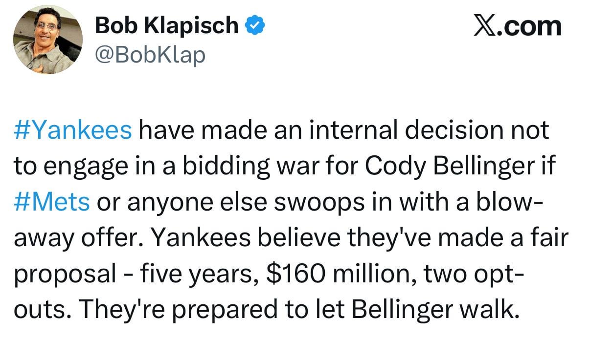 [Klapisch] #Yankees have made an internal decision not to engage in a bidding war for Cody Bellinger if #Mets or anyone else swoops in with a blow-away offer. Yankees believe they've made a fair proposal - five years, $160 million, two opt-outs. They're prepared to let Bellinger walk.