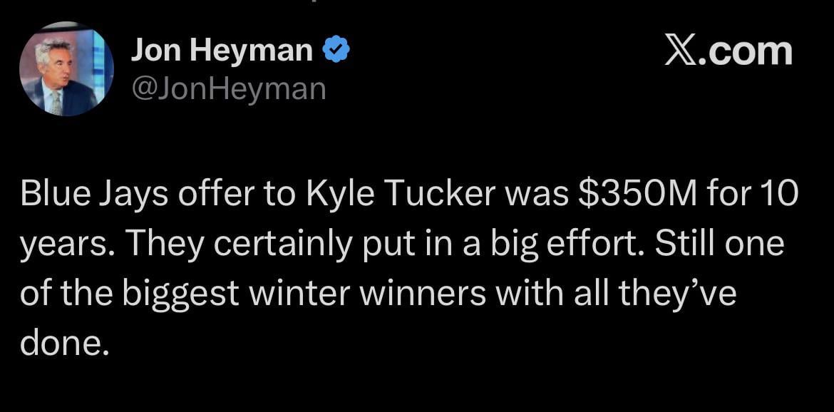 [Heyman] Blue Jays offer to Kyle Tucker was $350M for 10 years. They certainly put in a big effort. Still one of the biggest winter winners with all they’ve done.