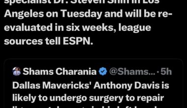 [Shams] Update: Dallas' Anthony Davis will not require surgery on his injured hand after a second opinion with specialist Dr. Steven Shin in Los Angeles on Tuesday and will be re-evaluated in six weeks, league sources tell ESPN.