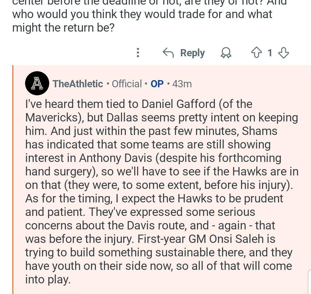 [ Sam Amick] Via his Reddit Ama on Hawks/Gafford/AD