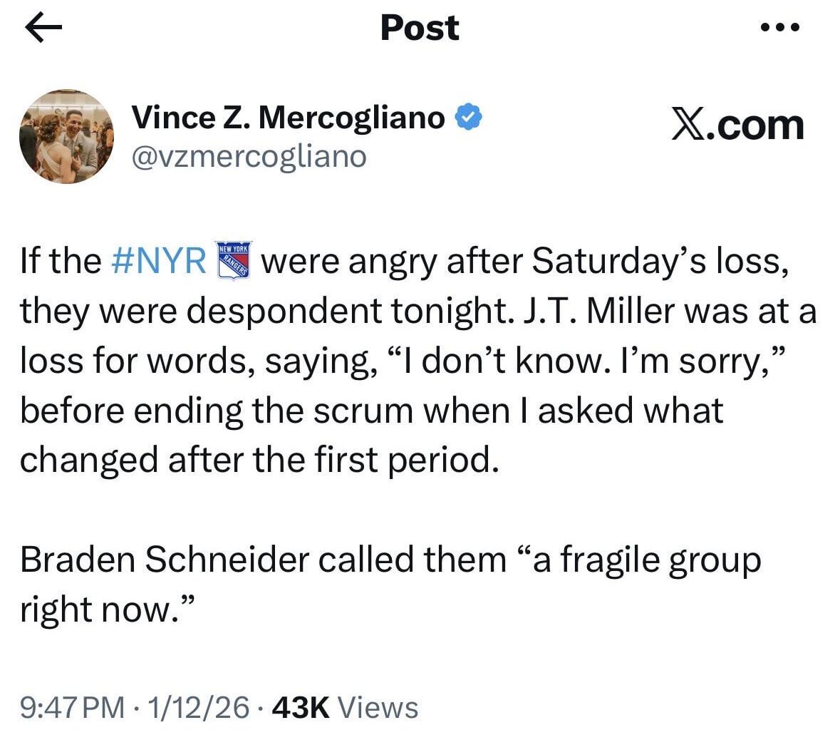 JT Miller post game: