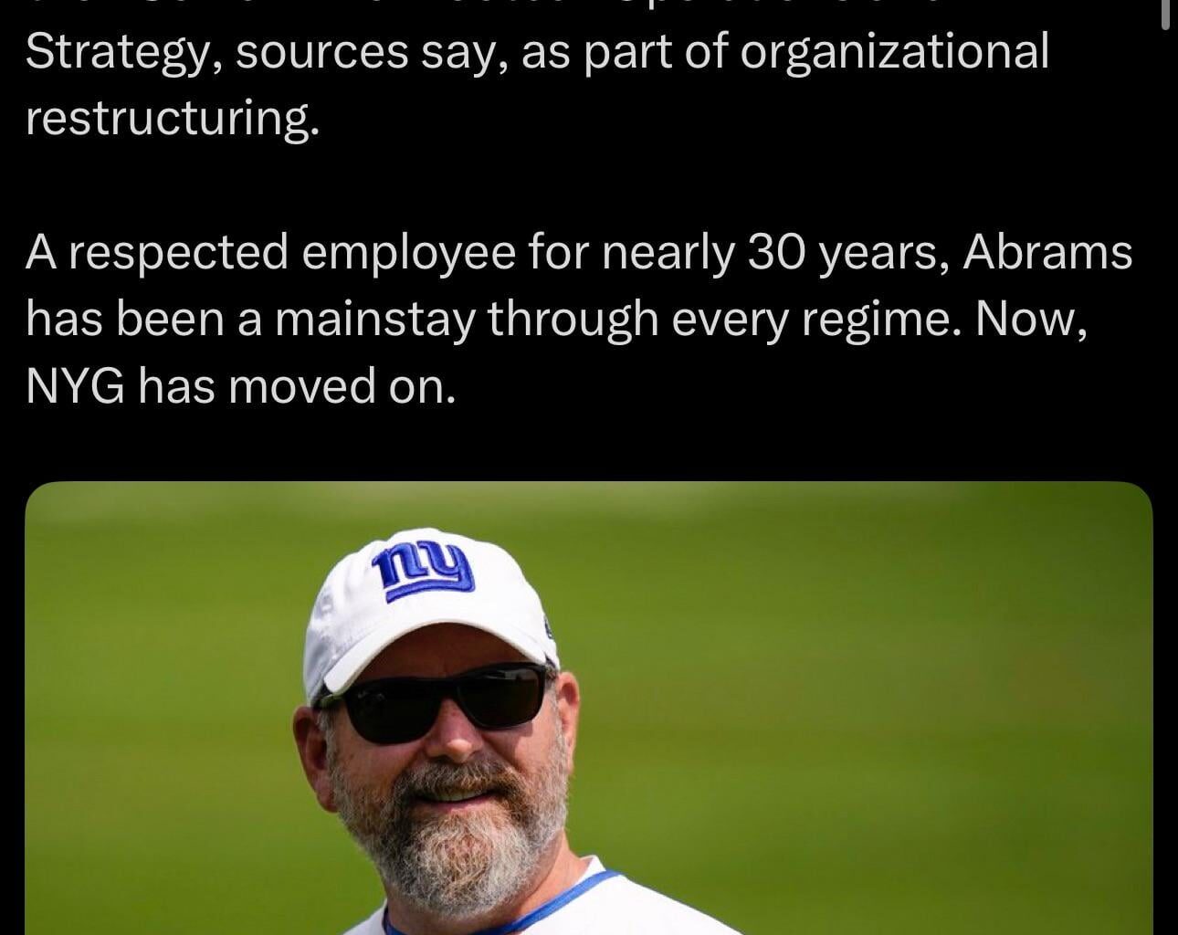 [Rapoport] The #Giants have parted ways with Kevin Abrams, their Senior VP of Football Operations and Strategy, sources say, as part of organizational restructuring.