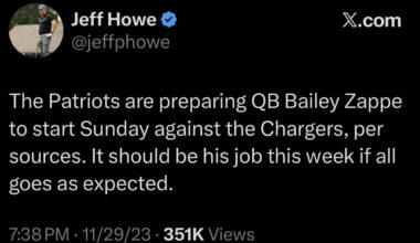 The Patriots are preparing QB Bailey Zappe to start Sunday against the Chargers, per sources. It should be his job this week if all goes as expected. 11/29/23
