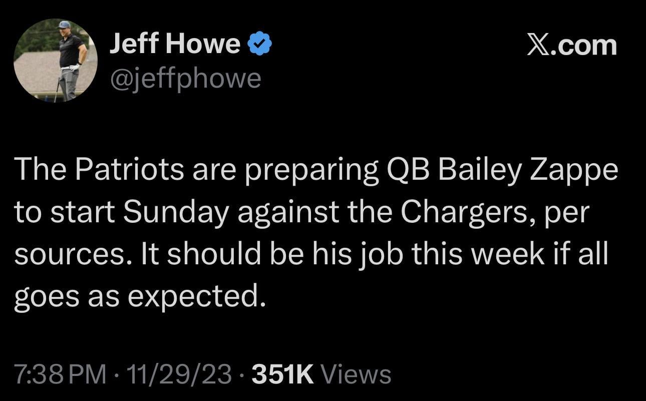 The Patriots are preparing QB Bailey Zappe to start Sunday against the Chargers, per sources. It should be his job this week if all goes as expected. 11/29/23