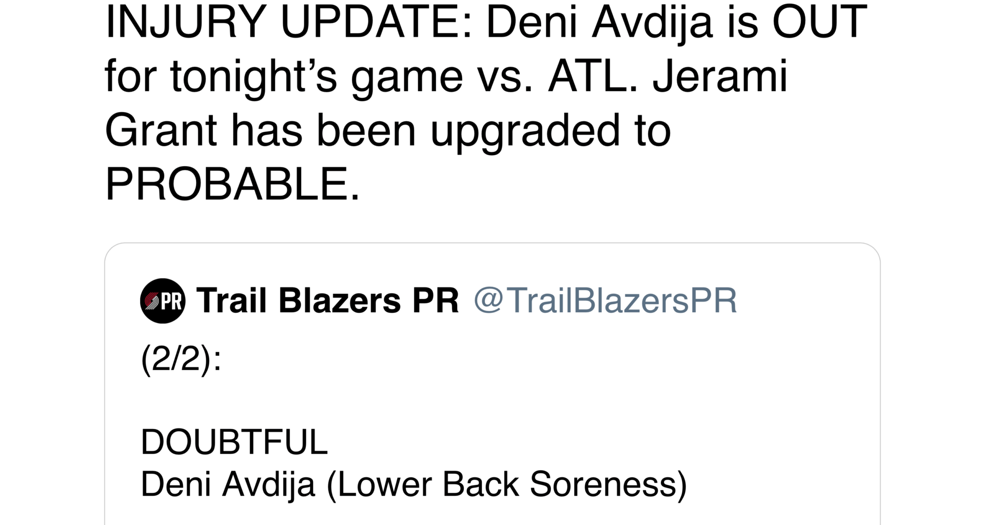 INJURY UPDATE: Deni Avdija is OUT for tonight’s game vs. ATL. Jerami Grant has been upgraded to PROBABLE.