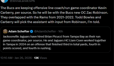 [Jenna Laine] The Bucs are keeping offensive line coach/run game coordinator Kevin Carberry, per source. So he will be with the Bucs new OC Zac Robinson. They overlapped with the Rams from 2021-2022. Todd Bowles and Carberry will pick the assistant with input from Robinson, I’m told.