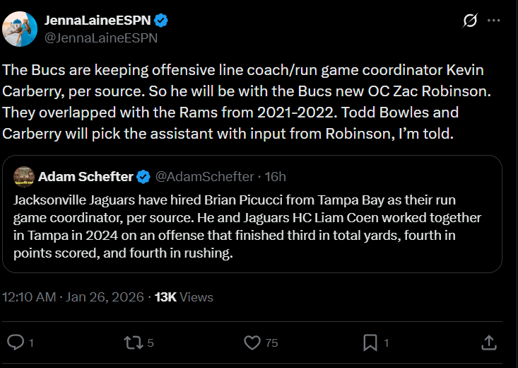 [Jenna Laine] The Bucs are keeping offensive line coach/run game coordinator Kevin Carberry, per source. So he will be with the Bucs new OC Zac Robinson. They overlapped with the Rams from 2021-2022. Todd Bowles and Carberry will pick the assistant with input from Robinson, I’m told.