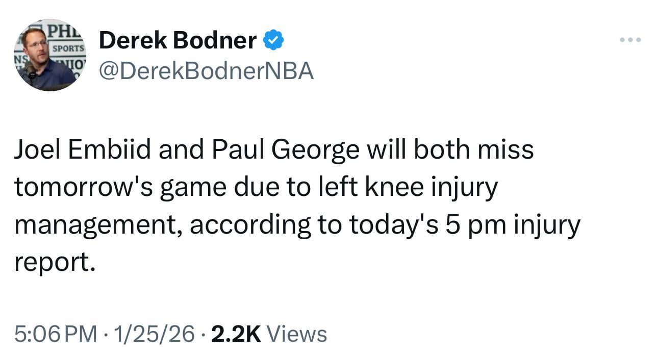 [Bodner] Joel Embiid and Paul George will both miss tomorrow's game due to left knee injury management, according to today's 5 pm injury report.