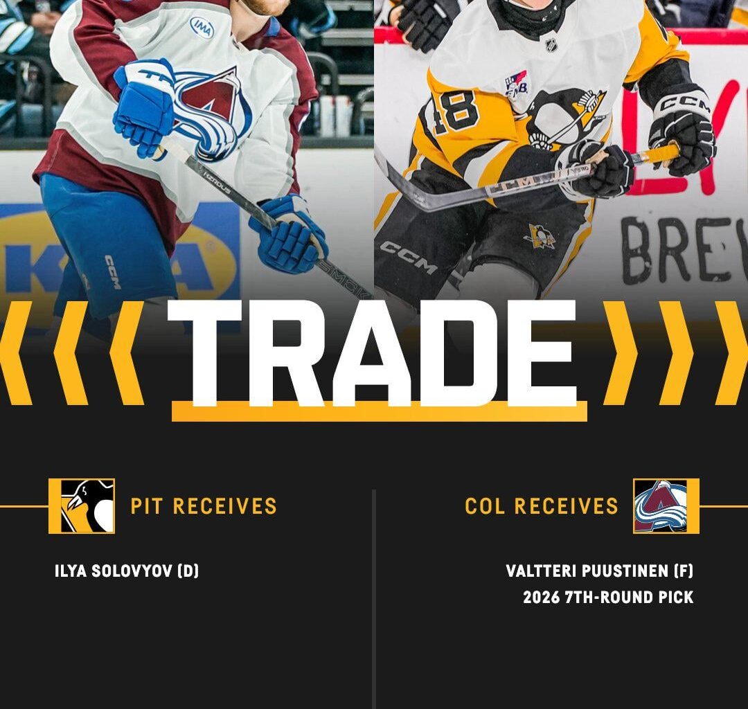 [Penguins] The Penguins have acquired defenseman Ilya Solovyov from the Colorado Avalanche in exchange for Valtteri Puustinen and a 2026 seventh-round draft pick