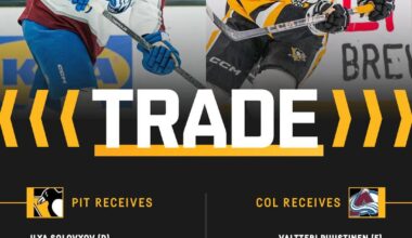 [Penguins] The Penguins have acquired defenseman Ilya Solovyov from the Colorado Avalanche in exchange for Valtteri Puustinen and a 2026 seventh-round draft pick